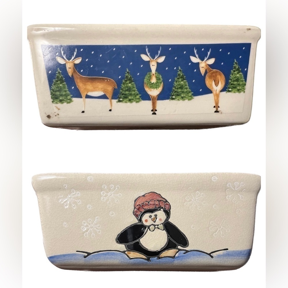 2 Vintage Nantucket Christmas Butter Dish Mini Loaf Reindeer Holiday Kit
